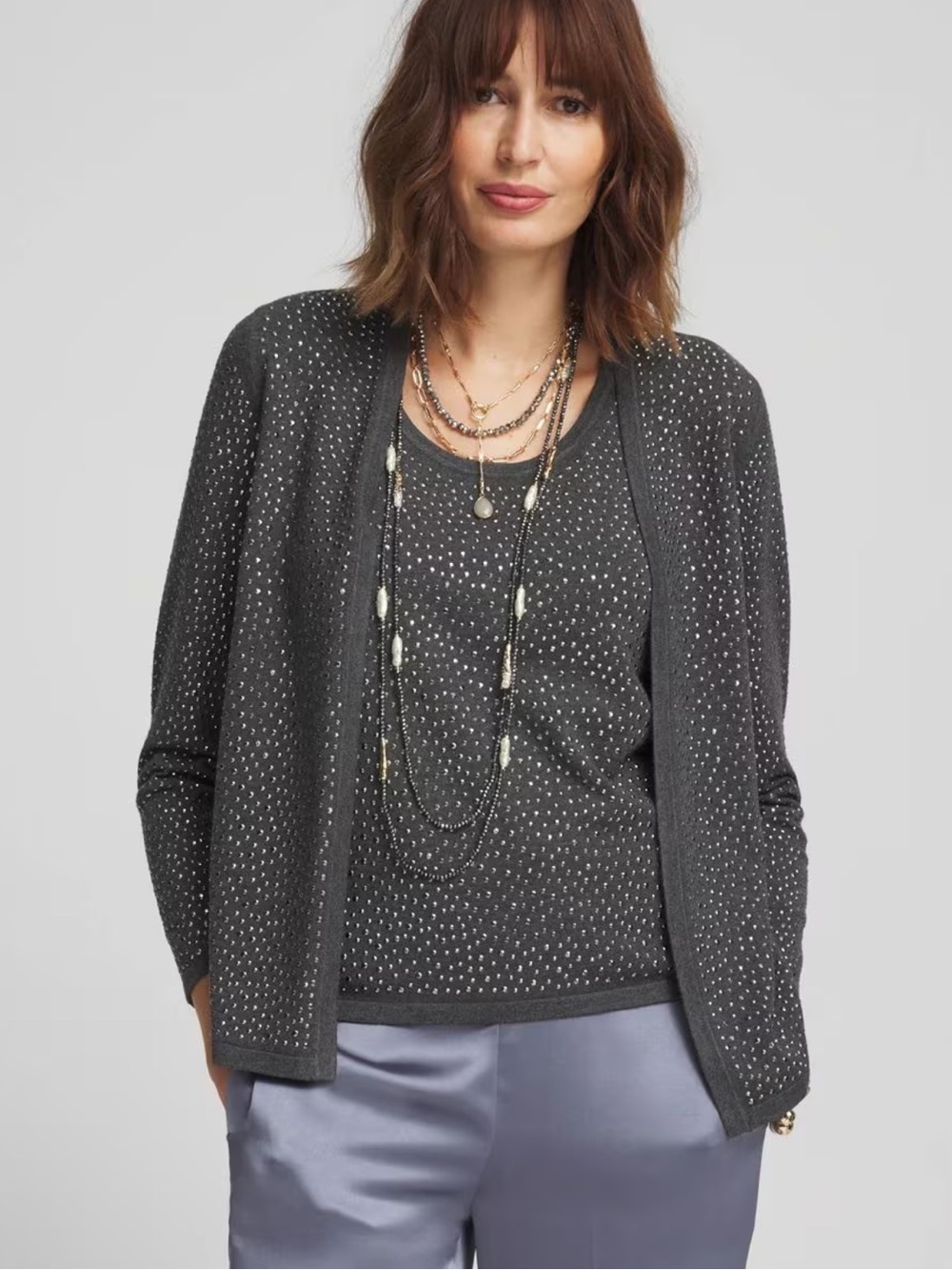 NWT Chico’s Gray Rhinestone Embellished Cardigan Chico’s 2 US L CARDIGAN ONLY